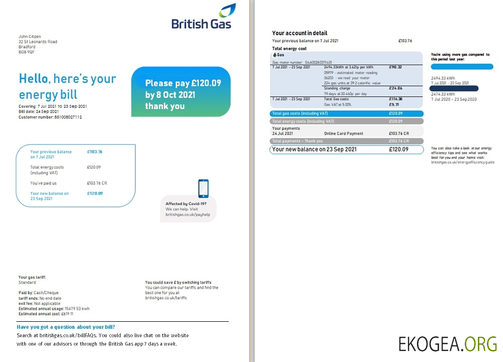United Kingdom British Gas utility bill template in Word and PDF format (2 pages), version 3